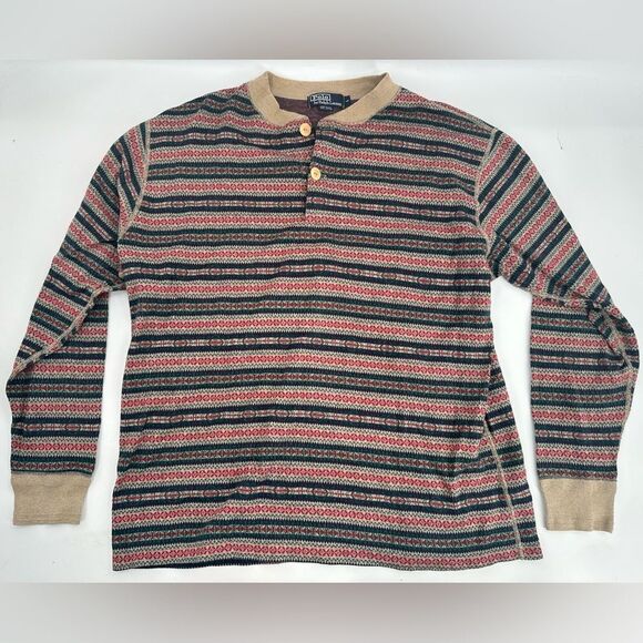 Vintage 90s Polo Ralph Lauren Men Fair Isle Nordic Cotton Shirt Sweater Sz Large - Picture 1 of 7
